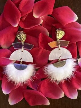 Hammered Gold , Iridescent, Shimmery White, White Fur & Gold Statement Earrings